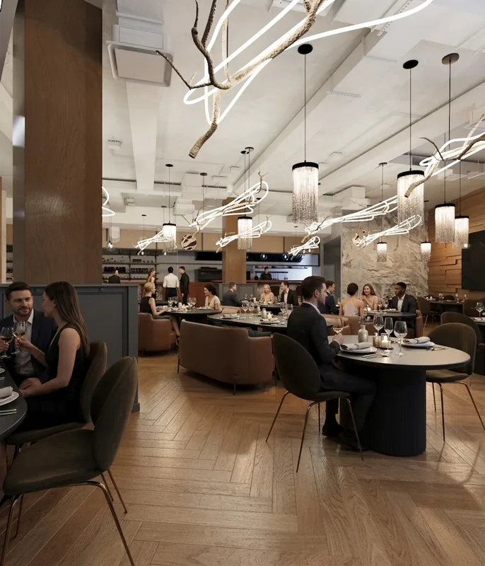 Зал ресторана Bon App Cafe: столы у открытой кухни, световые инсталляции-ветви