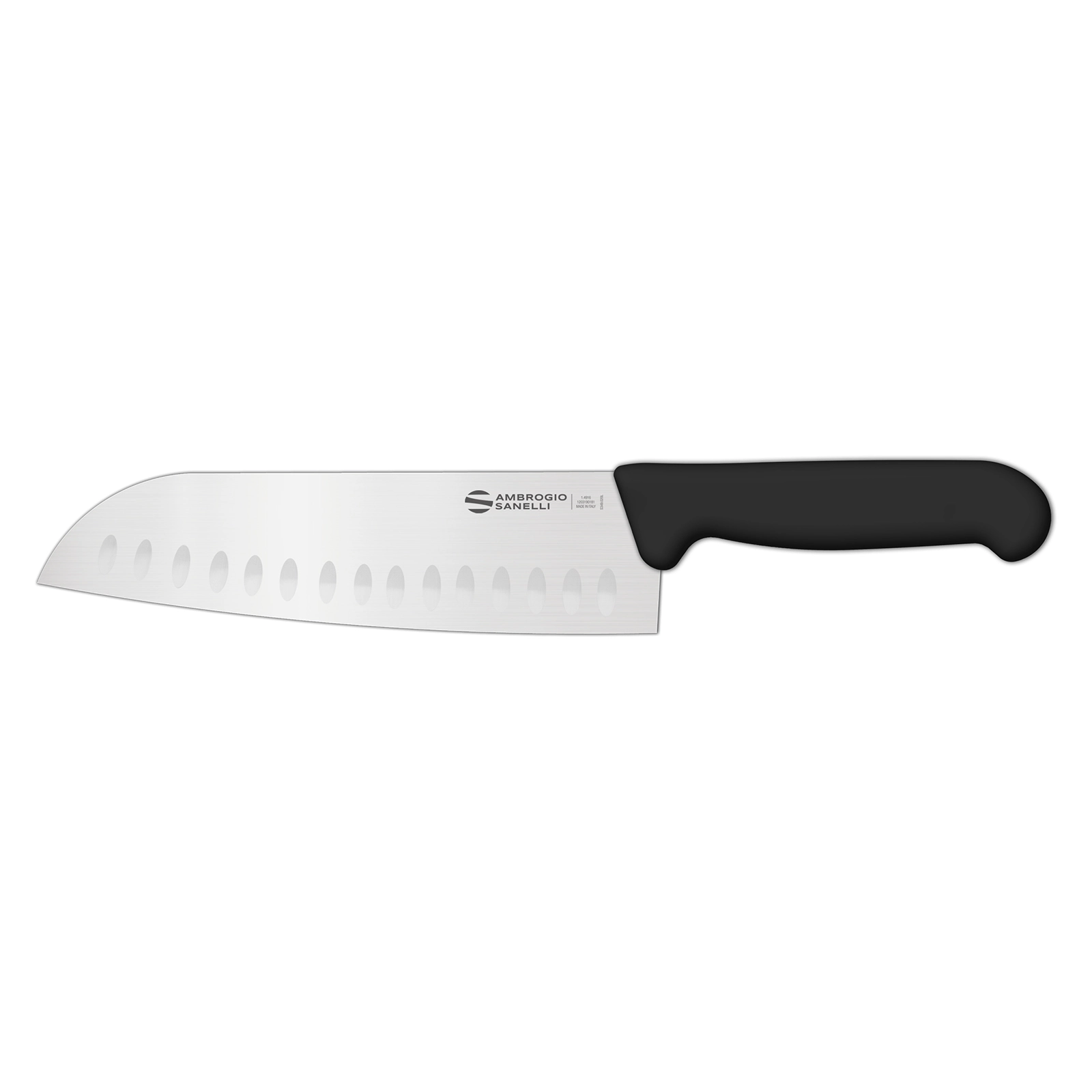 Нож Sanelli Ambrogio серии Supra, SC50018B, Santoku с возд/карманами 180 мм, черный
