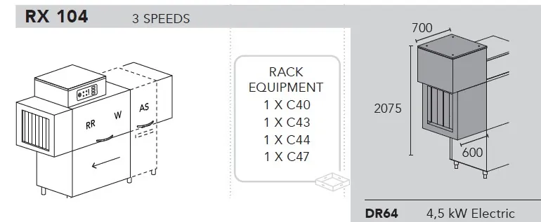 Конвейерные посудомоечные машины МАШИНА ПОСУДОМОЕЧНАЯ DIHR RX 104 DX+XP+DR64