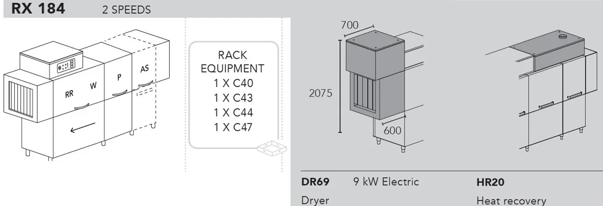 Конвейерные посудомоечные машины МАШИНА ПОСУДОМОЕЧНАЯ DIHR RX 184 SX+DR69+HR20