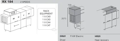Конвейерные посудомоечные машины Машина посудомоечная Dihr RX 184 SX+DR69+HR20