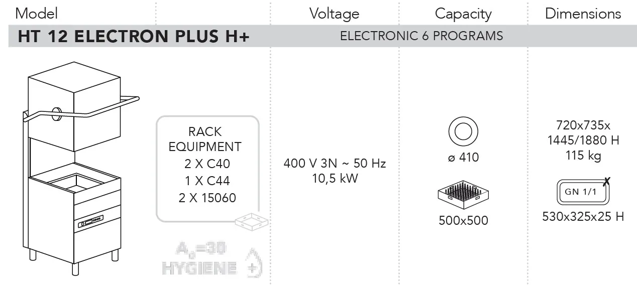 Купольные посудомоечные машины МАШИНА ПОСУДОМОЕЧНАЯ DIHR HT 12 ELECTRON PLUS H+