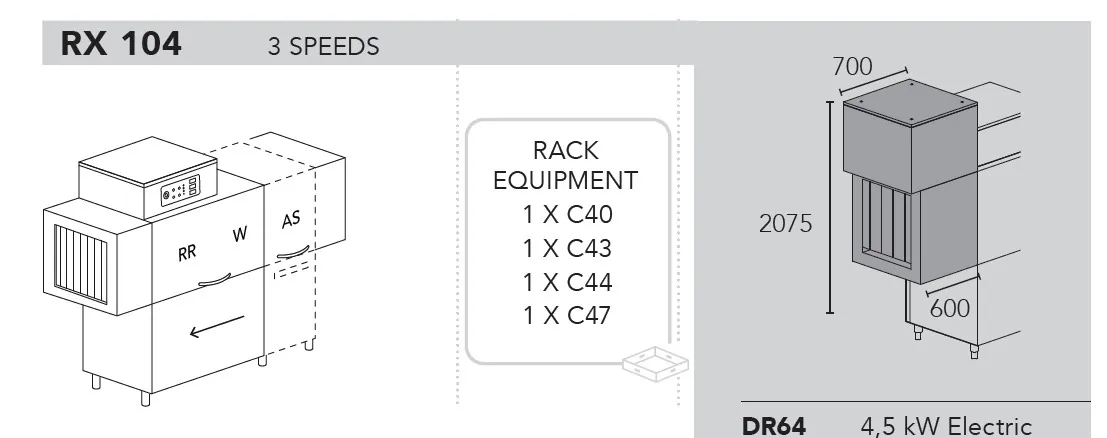 Конвейерные посудомоечные машины МАШИНА ПОСУДОМОЕЧНАЯ DIHR RX 104 SX+XP+DR64