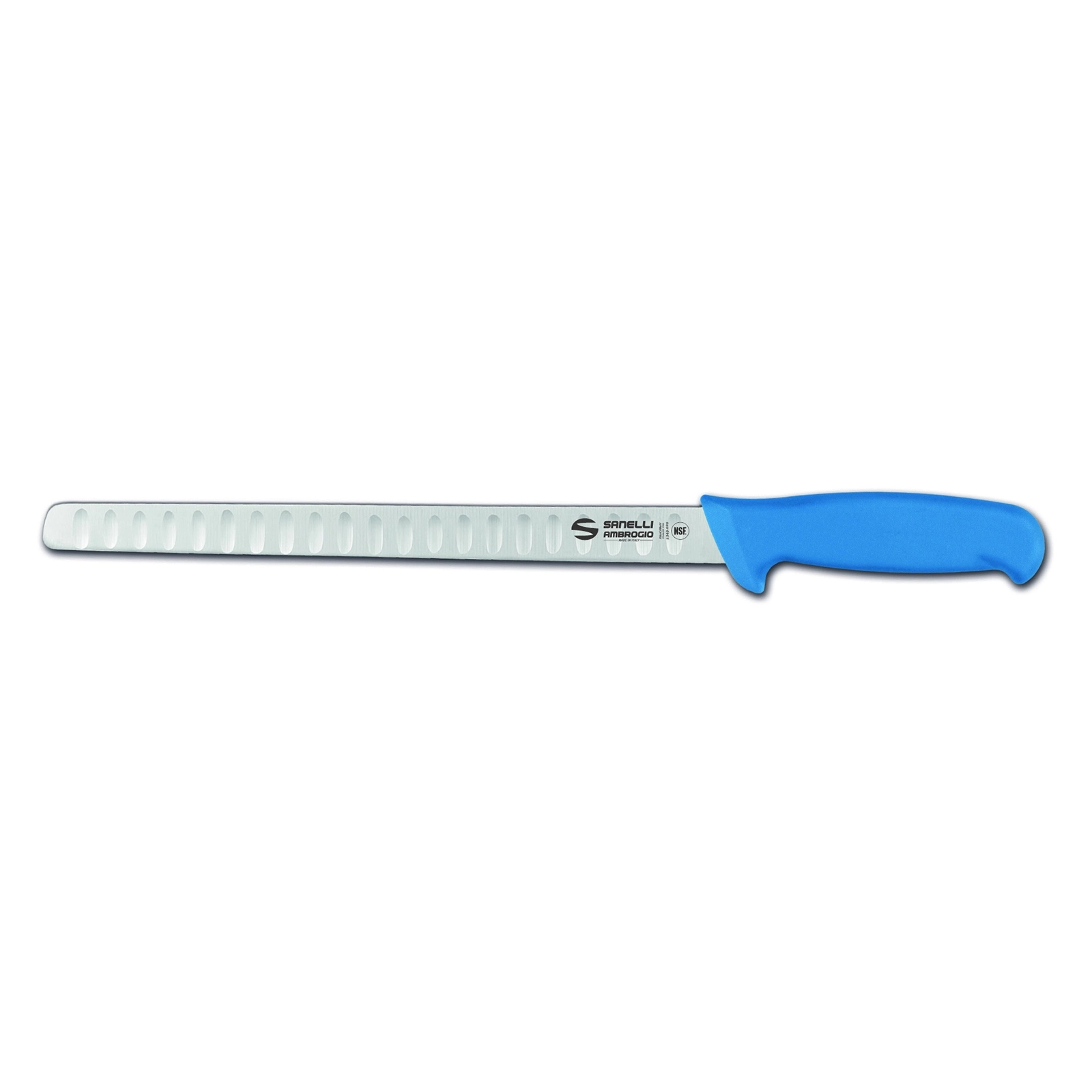 Нож Sanelli Ambrogio серии Supra Colore, SA56028L, для лосося с возд/карманами 280 мм, синий
